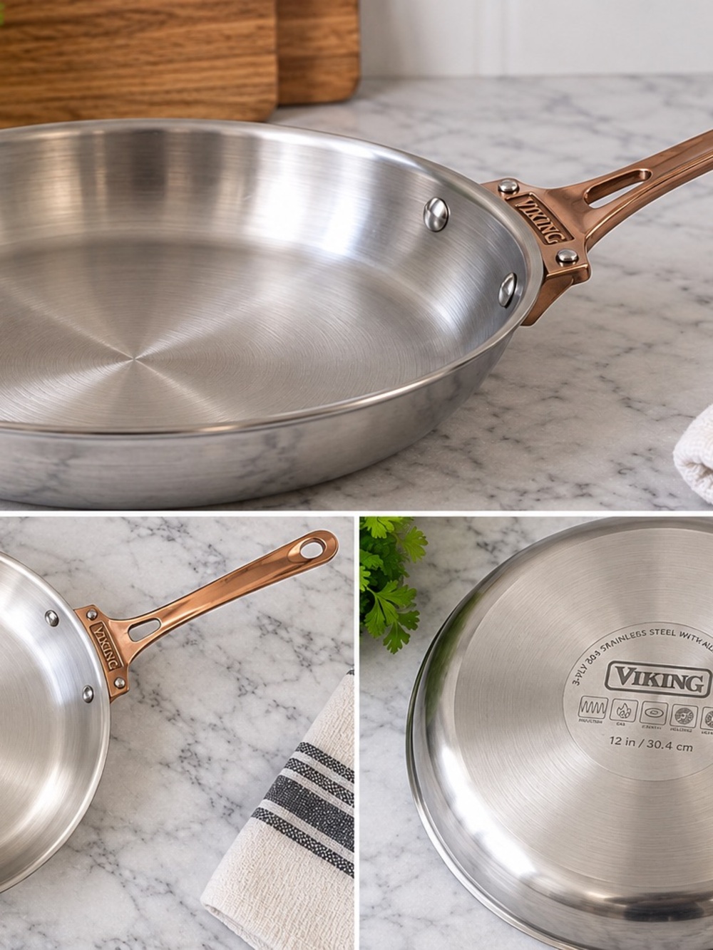 Viking 3-Ply 304 Stainless Steel 12” Fry Pan Skillet Aluminum Core Copper Handle